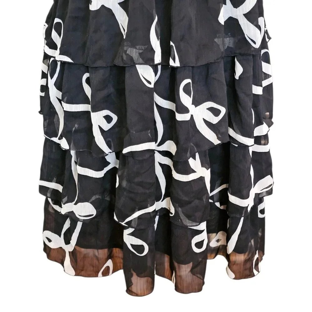 Y2K Womens Babydoll Dress‎ Black Bow Print Tiered Ruffles Sz M L Retro Coquette